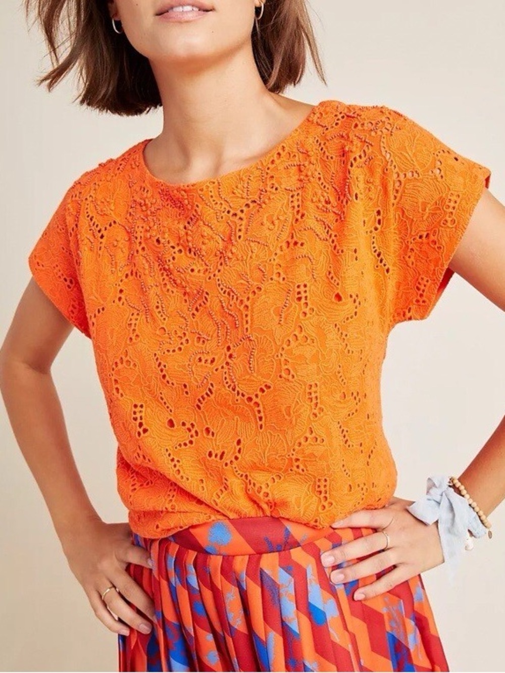 Anthropologie Maeve Orange Beaded Top